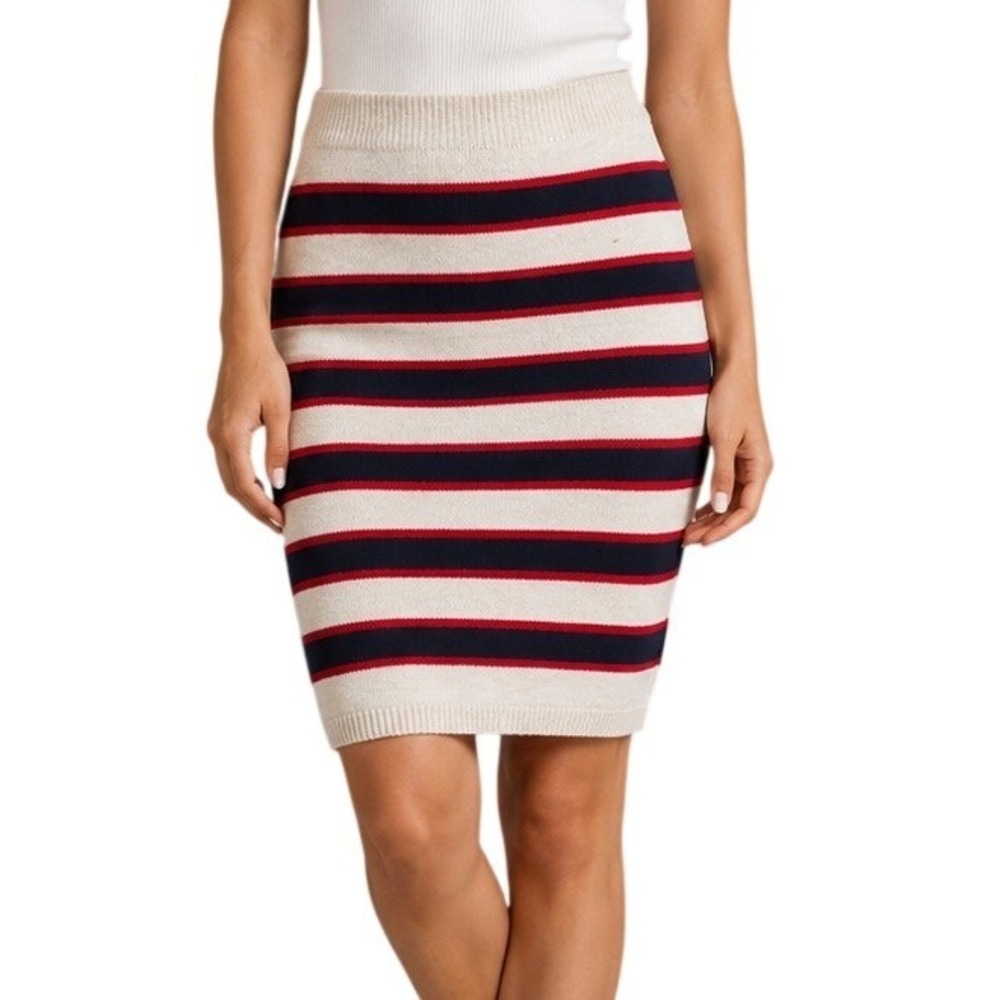 Buru Navy Red Cream Striped Knit Pencil Skirt Women's Small